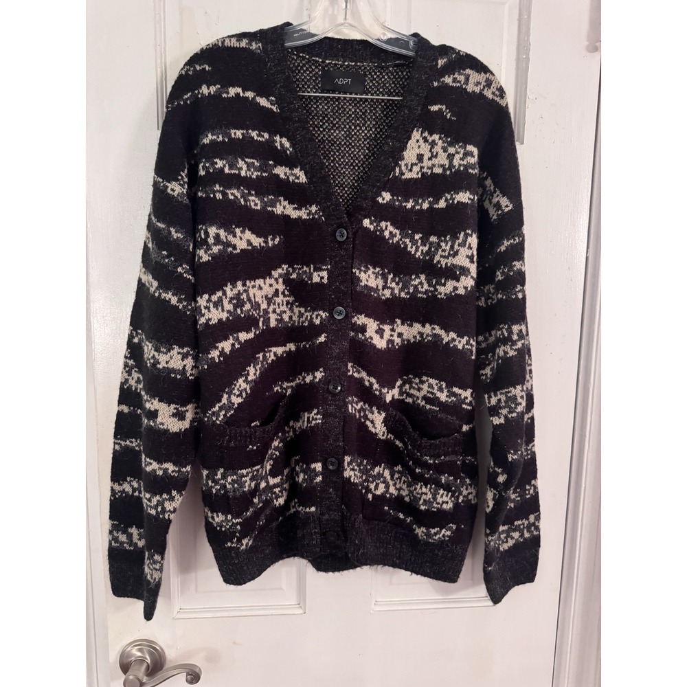 ADPT Womens Sz M Textured Knit Cardigan Black Ivory Abstract Stripe Button Front
